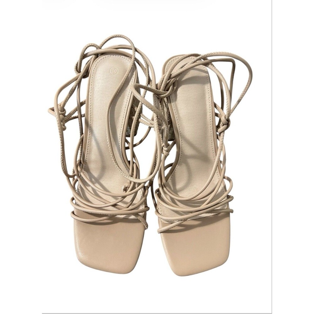 PiePieBuy Women's Sandals – Size 10 – Strappy with Ankle Ties, Block Heel – Nude